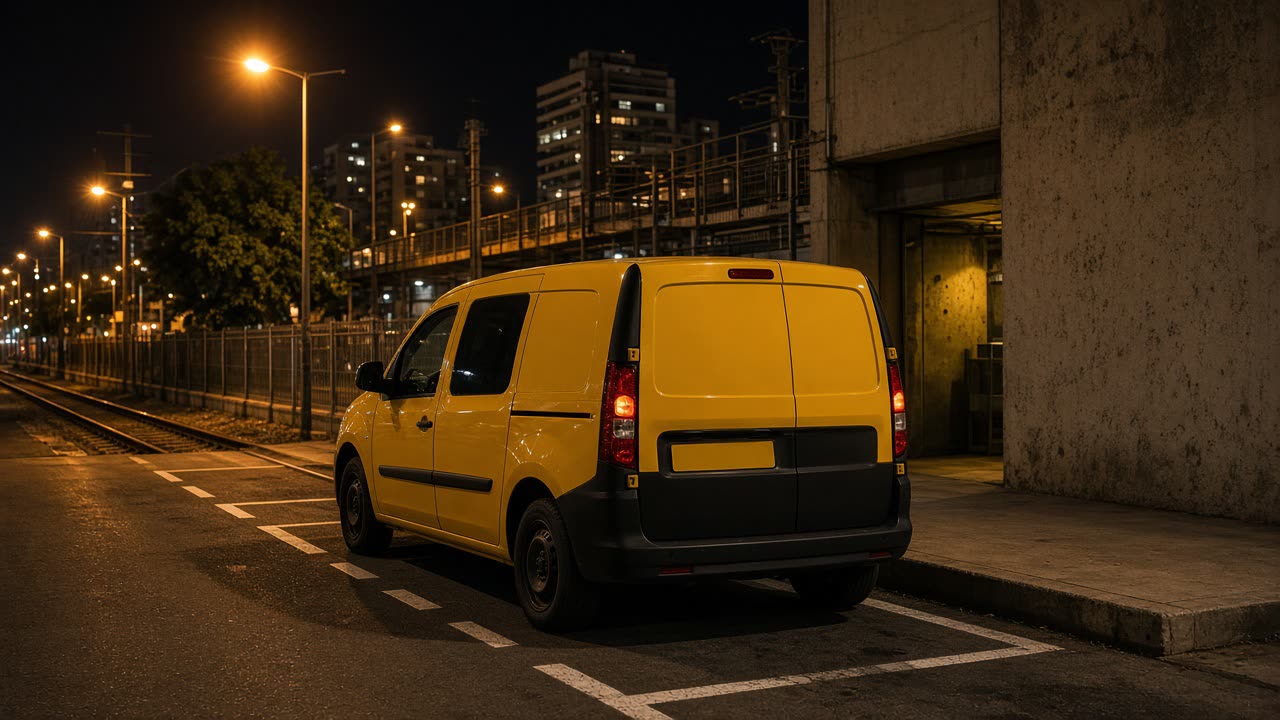 Yellow night van at a Tel Aviv loading bay, Nachtzug Courier Ltd, Israel
